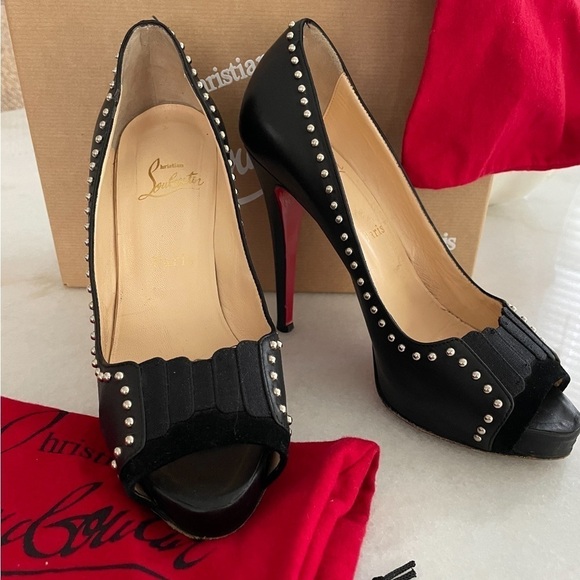 Christian Louboutin- Black Leather Peep Toe Studded Heels - Picture 5 of 11